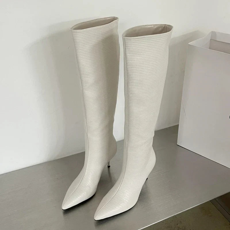 Design Pointed Toe Party Dress Street Style Thin Low Heels Knee High Boots - View 2 | VelvetHem