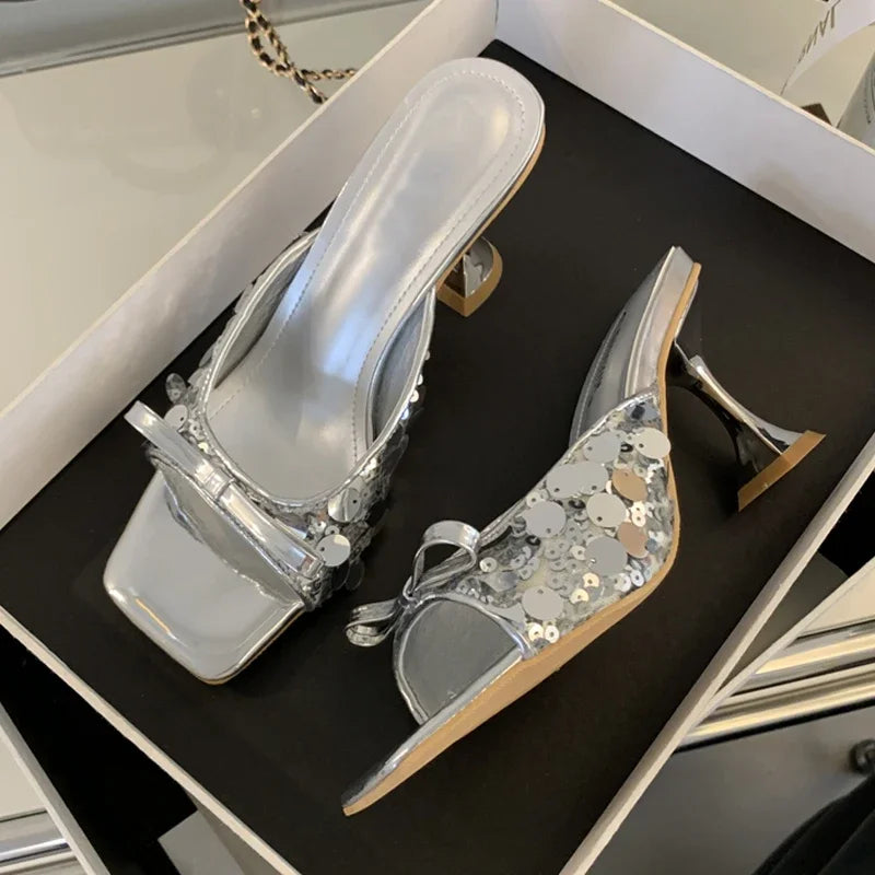 Sequined Square Toe Women Slippers Butterfly-knot Elegant High Dress Shoes Low Heel Pumps - VelvetHem