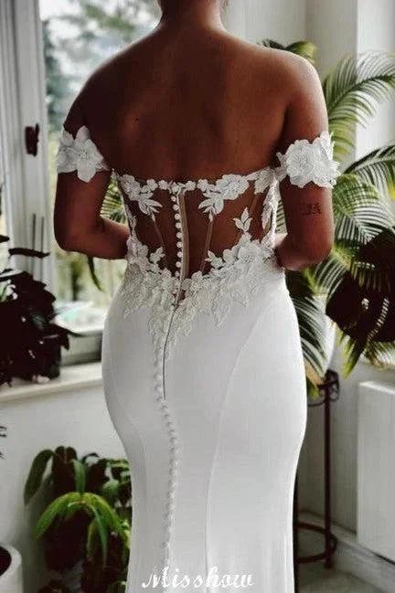 Eleagnt Long White Mermaid Off-the-shoulder Lace Wedding Dress with Train (ZD15575)