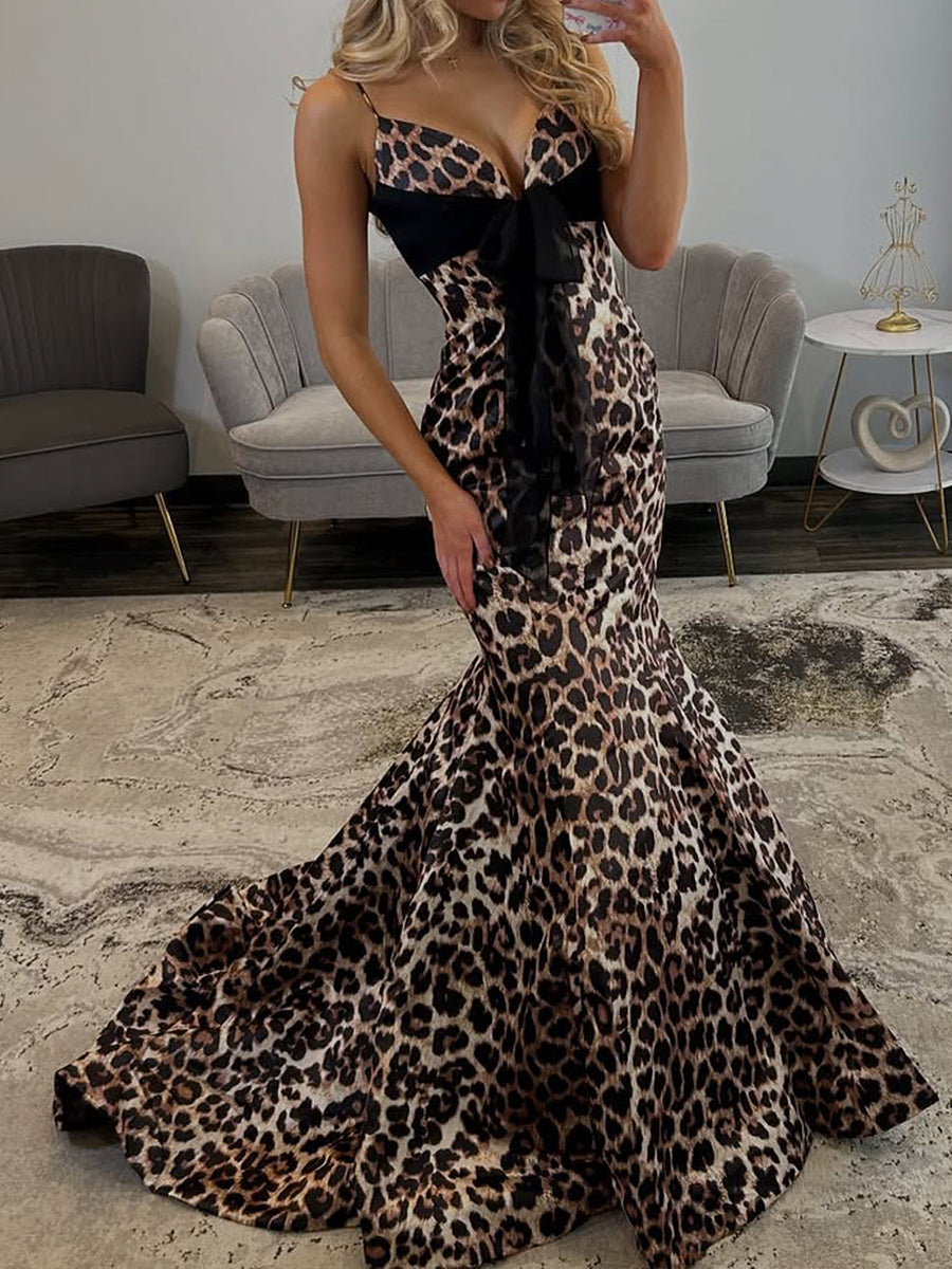 Elegance Leopard Print Mermaid Prom Dress with Black Bow Detail - FashionDia