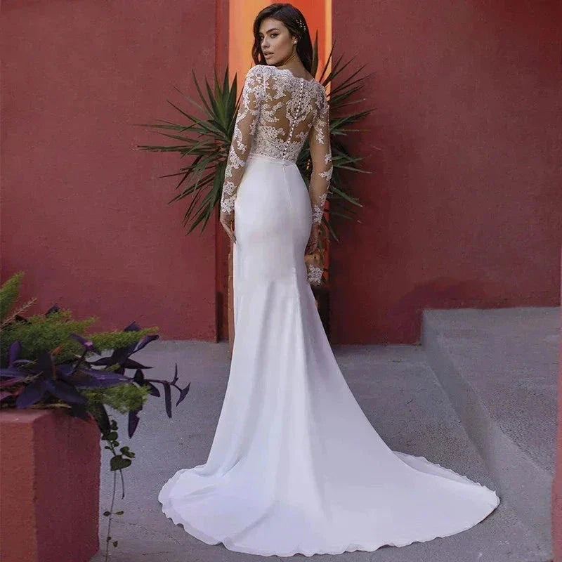 Elegant A-Line Wedding Dresses For Women Spring V Neck Deep Long Sleeve Lace Slim Fashion Bride's Tail Bridal Wedding Gown (ZD13329)