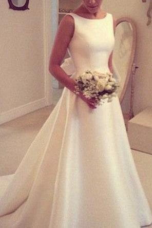 Elegant A-Line Backless Wedding Dresses Sleeveless Bowknot Sweep Train Bridal Gowns BA4237