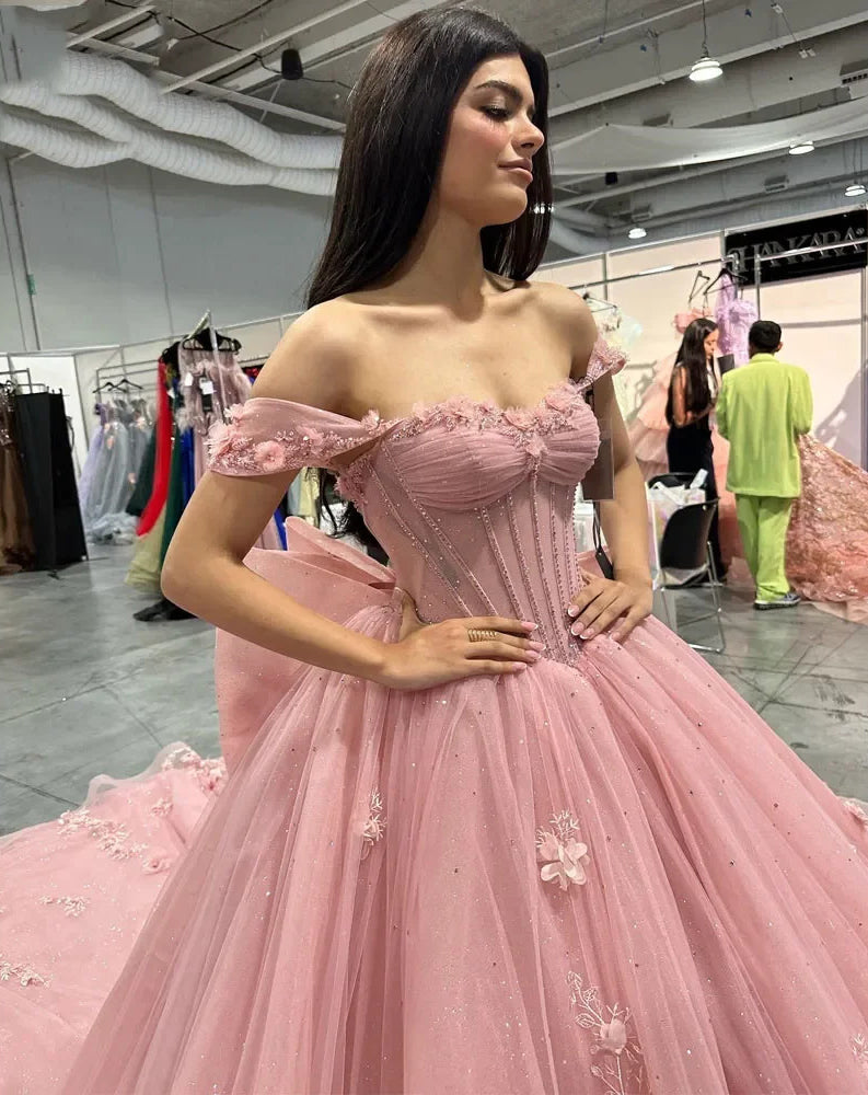 Elegant Ball Gown Off Shoulder 3D Flower Lace Appliques Pink Tulle Quinceanera Dress For Sweet 16