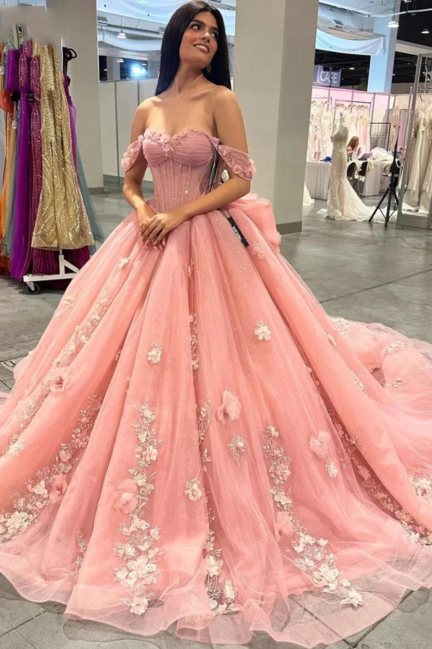Elegant Ball Gown Off Shoulder 3D Flower Lace Appliques Pink Tulle Quinceanera Dress For Sweet 16