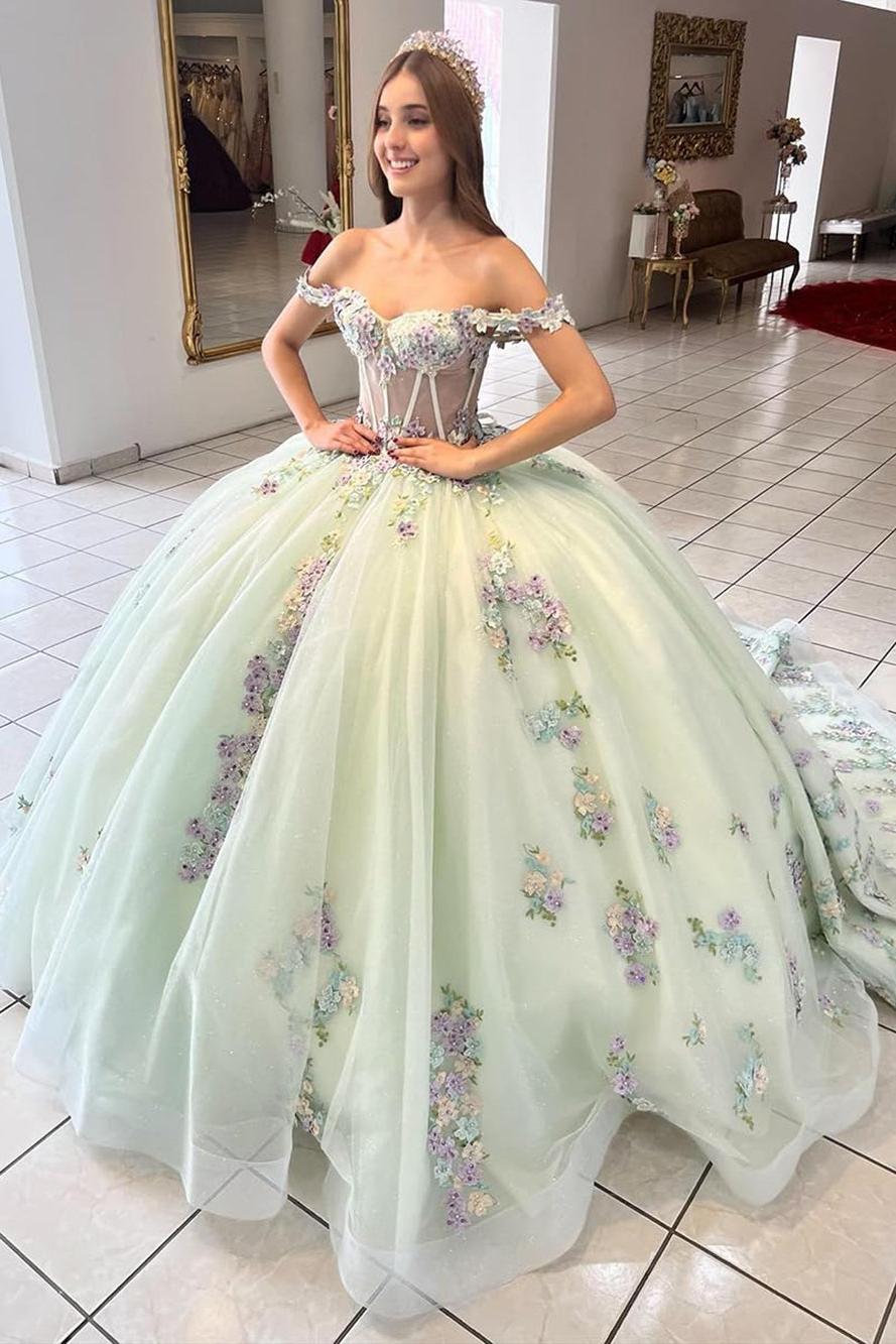 Elegant Ball Gown Off Shoulder Corset 3D Flowers Lace Appliques Mint Green Tulle Princess Dress Quinceanera Dress For Sweet 16