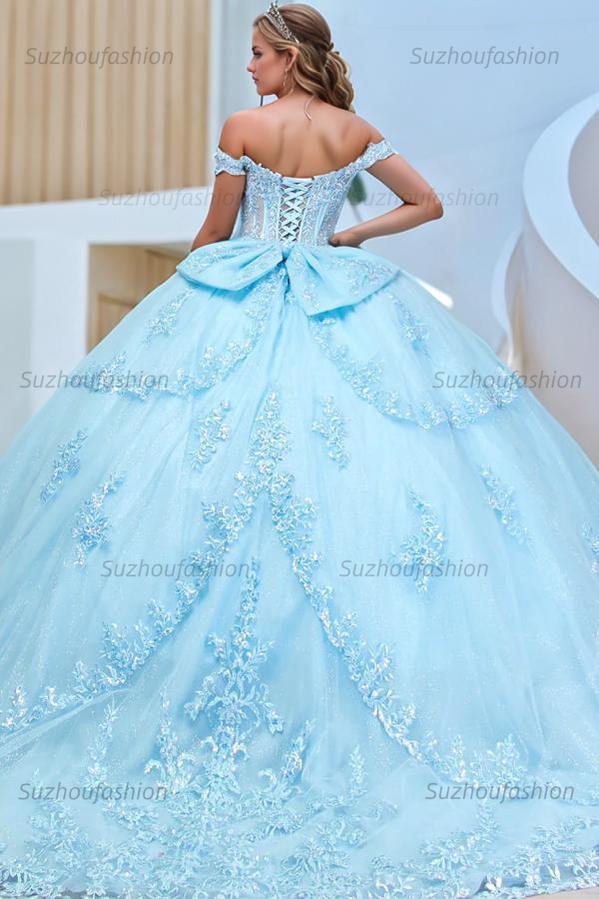 Elegant Ball Gown Off Shoulder Sleeveless Fully Appliques Lace Up Tiered Bow Knot Baby Blue Tulle Quinceanera Dress Birthday Party Dress For Sweet 16