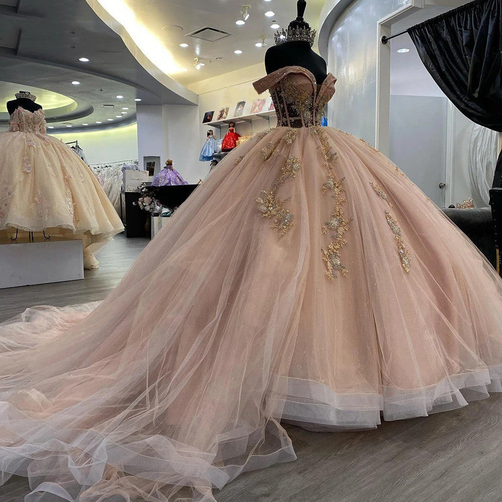 Elegant Ball Gown Off Shoulder Sleeveless Lace Sequins Appliques Beaded Sweep Train Rose Pink Tulle Quinceanera Dress Princess Gown For Sweet 16