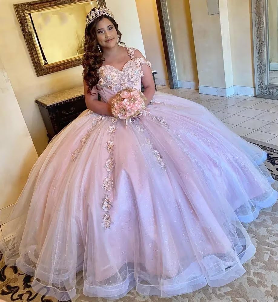Elegant Ball Gown One Shoulder 3D Floral Lace Appliques Pink Tulle Princess Gown Quinceanera Dress For Sweet 16