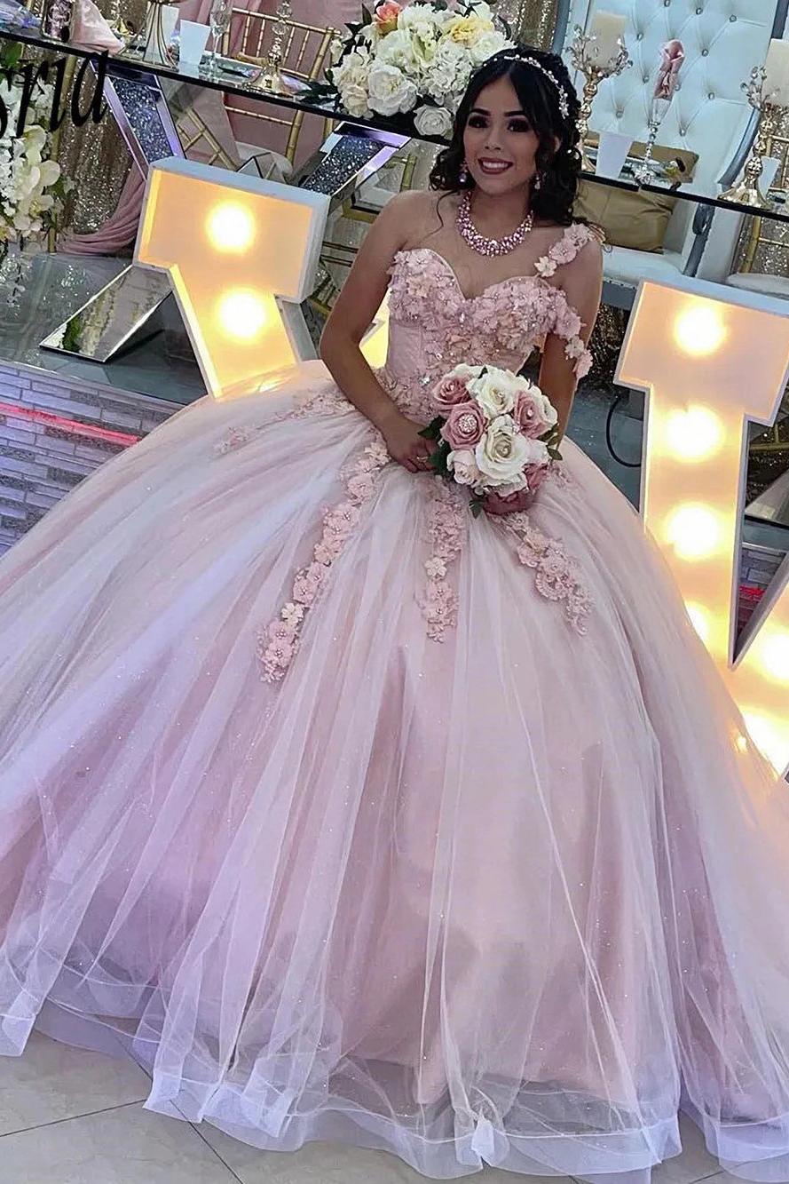 Elegant Ball Gown One Shoulder 3D Floral Lace Appliques Pink Tulle Princess Gown Quinceanera Dress For Sweet 16