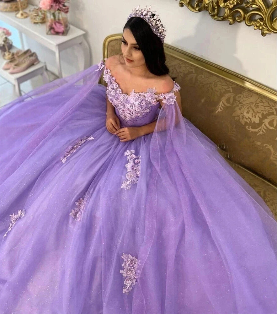 Elegant Ball Gown Strapless 3D Flower Lace Appliques Lavender Tulle Quinceanera Dress Off Shoulder For Sweet 16