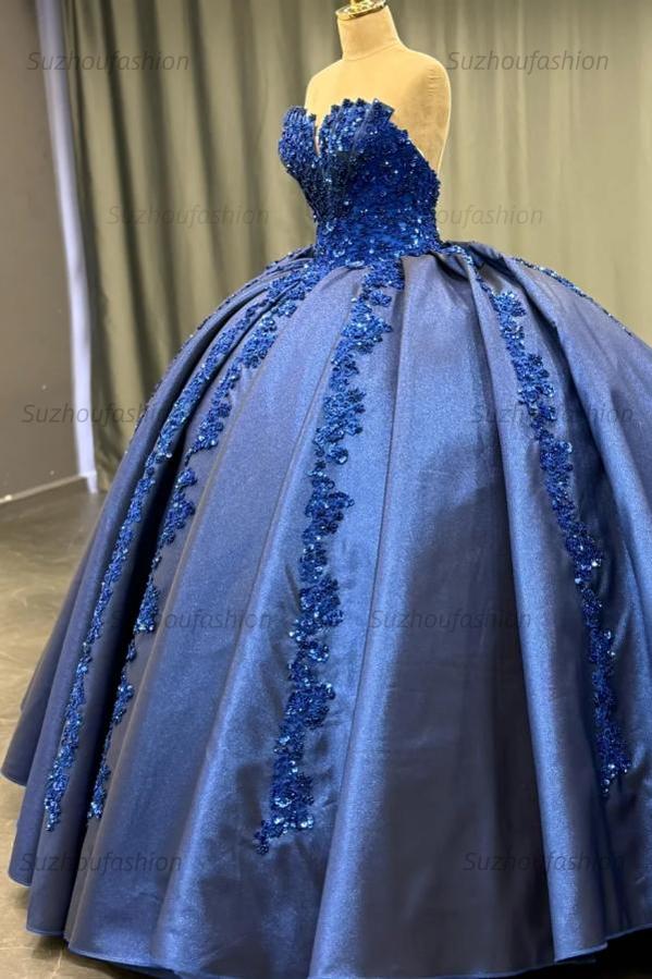 Elegant Ball Gown Strapless Sleeveless Sequins Appliques Pleated Glitter Dark Navy Satin Quinceanera Dress Formal Evening Dress For Sweet 16