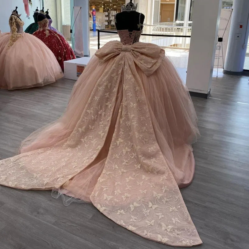 Elegant Ball Gown Strapless Spaghetti Straps 3D Butterflies Appliques Bow Knot Pink Tulle Princess Evening Dress Quinceanera Dress For Sweet 16