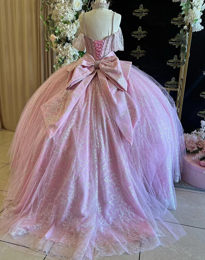 Elegant Ball Gown Sweetheart Neck Off Shoulder Spaghetti Straps Lace Appliques Pink Tulle Princess Prom Party Gown Quinceanera Dresses For Sweet 16