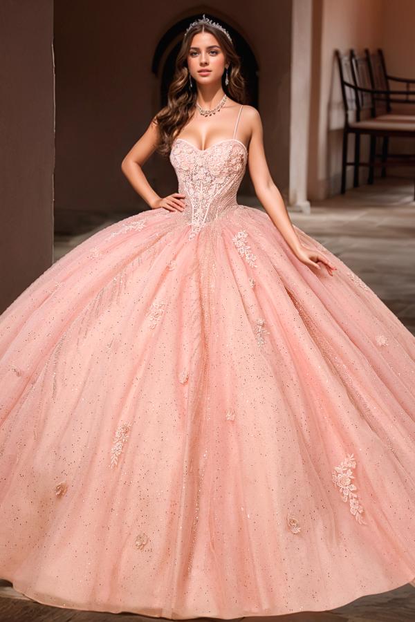 Elegant Ball Gown Sweetheart Neck Spaghetti Straps Flower Lace Appliques Pink Tulle Quinceanera Dress Evening Party Gown