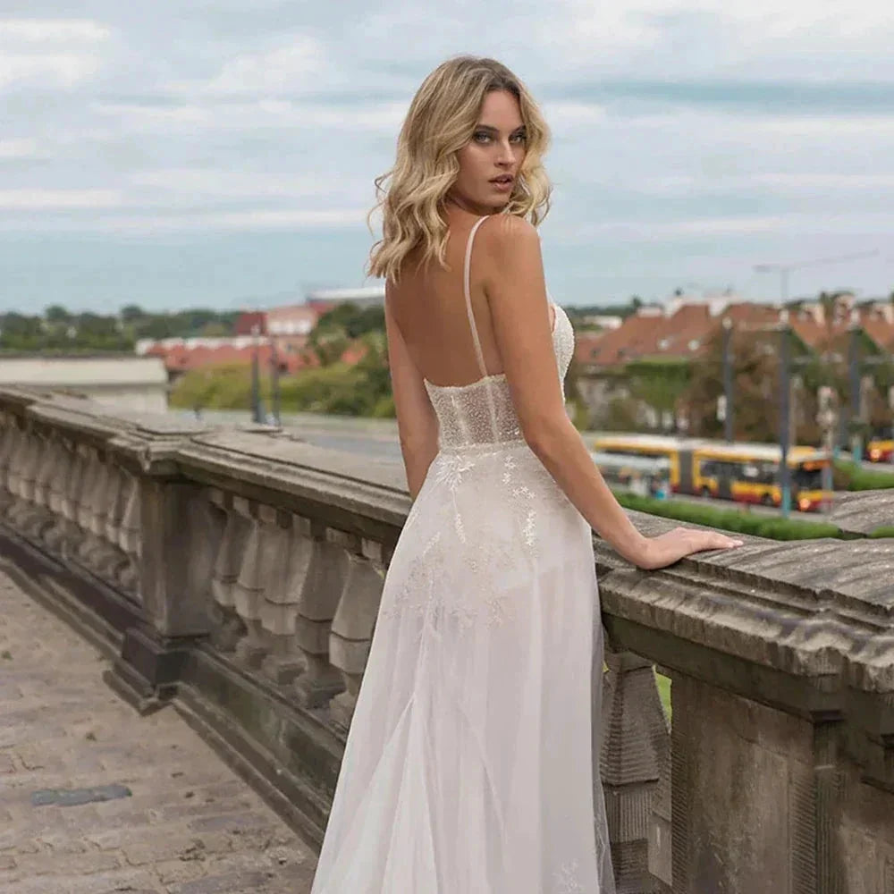 Elegant Beach Wedding Dresses High Slits Tulle Bohemian Lace Applique Robes De Mariee Backless Bridal Gowns Robe De Vestido (ZD14145)