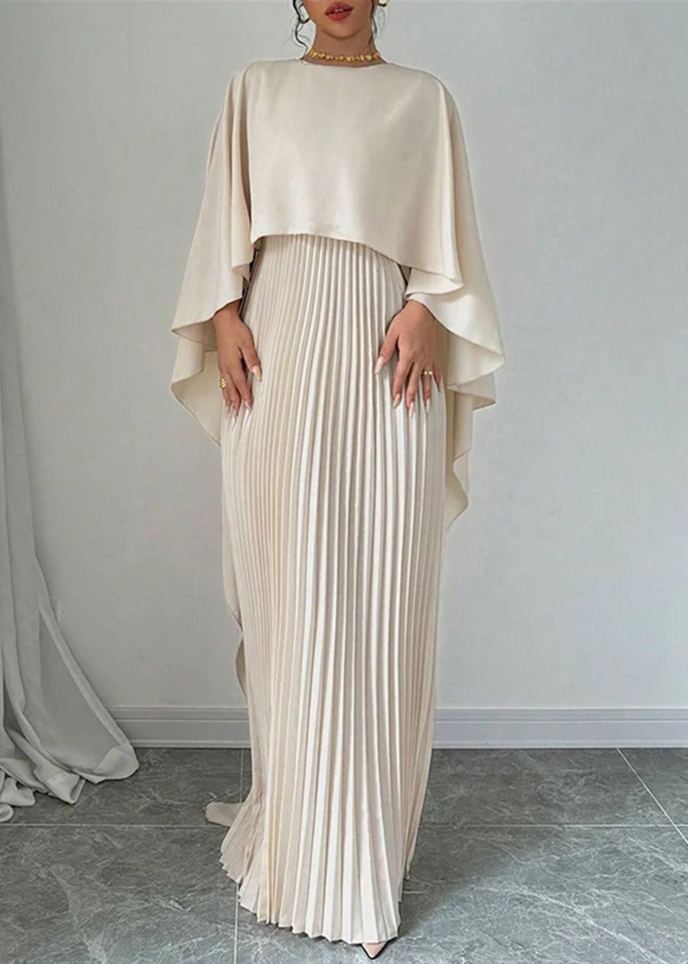 Elegant Beige Asymmetrical Patchwork Long Dress Batwing Sleeve
