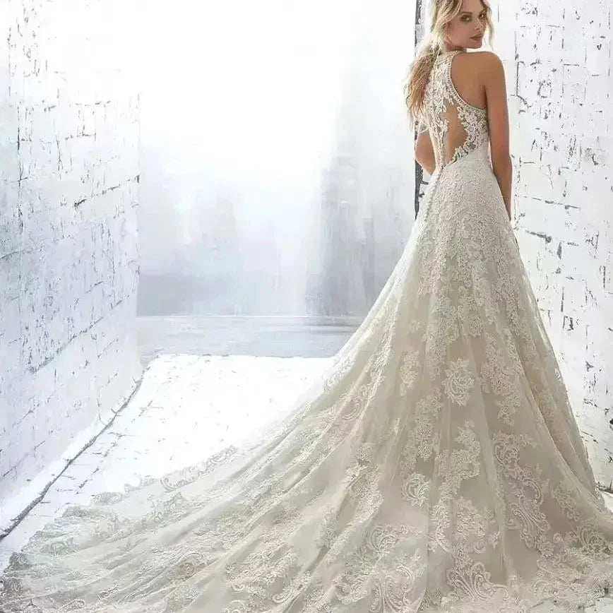 Elegant Beige Gown with Halter Lace A-LINE Sleeveless Cut-out Sweep Train Floor-Length Evening Gown for Women vestidos de novia by payinti