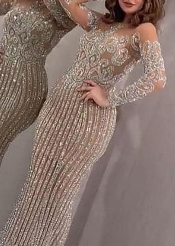 Elegant Beige O Neck Sequins Slim Fit Long Dress Spring