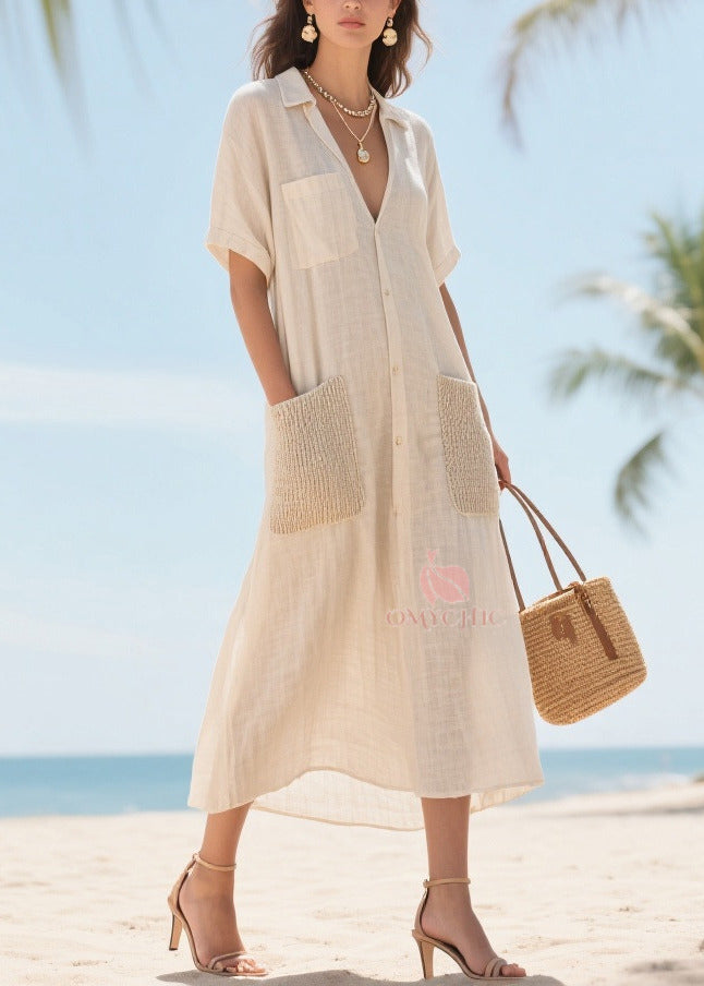 Elegant Beige V Neck Patchwork Pockets Cotton Vacation Dresses Summer