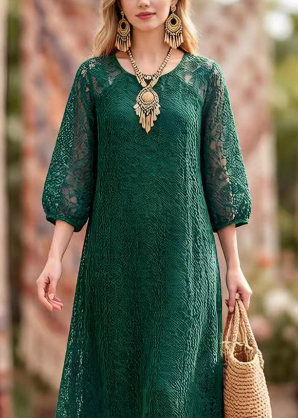 Elegant Blackish Green O Neck Hollow Out Lace Dresses Summer