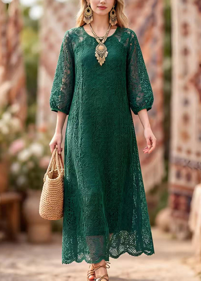 Elegant Blackish Green O Neck Hollow Out Lace Dresses Summer