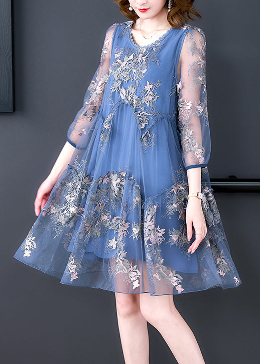Elegant Blue O-Neck Print Patchwork Tulle Vacation Dresses Half Sleeve