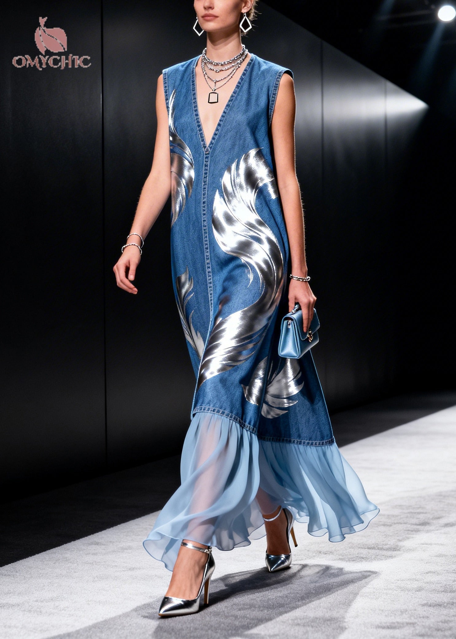 Elegant Blue V Neck Patchwork Print Denim Holiday Dresses Sleeveless
