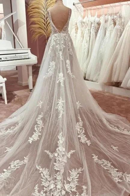 Elegant Boho V-neck A-line Spaghetti Straps Backless Wedding Dress with Lace (ZD15587)