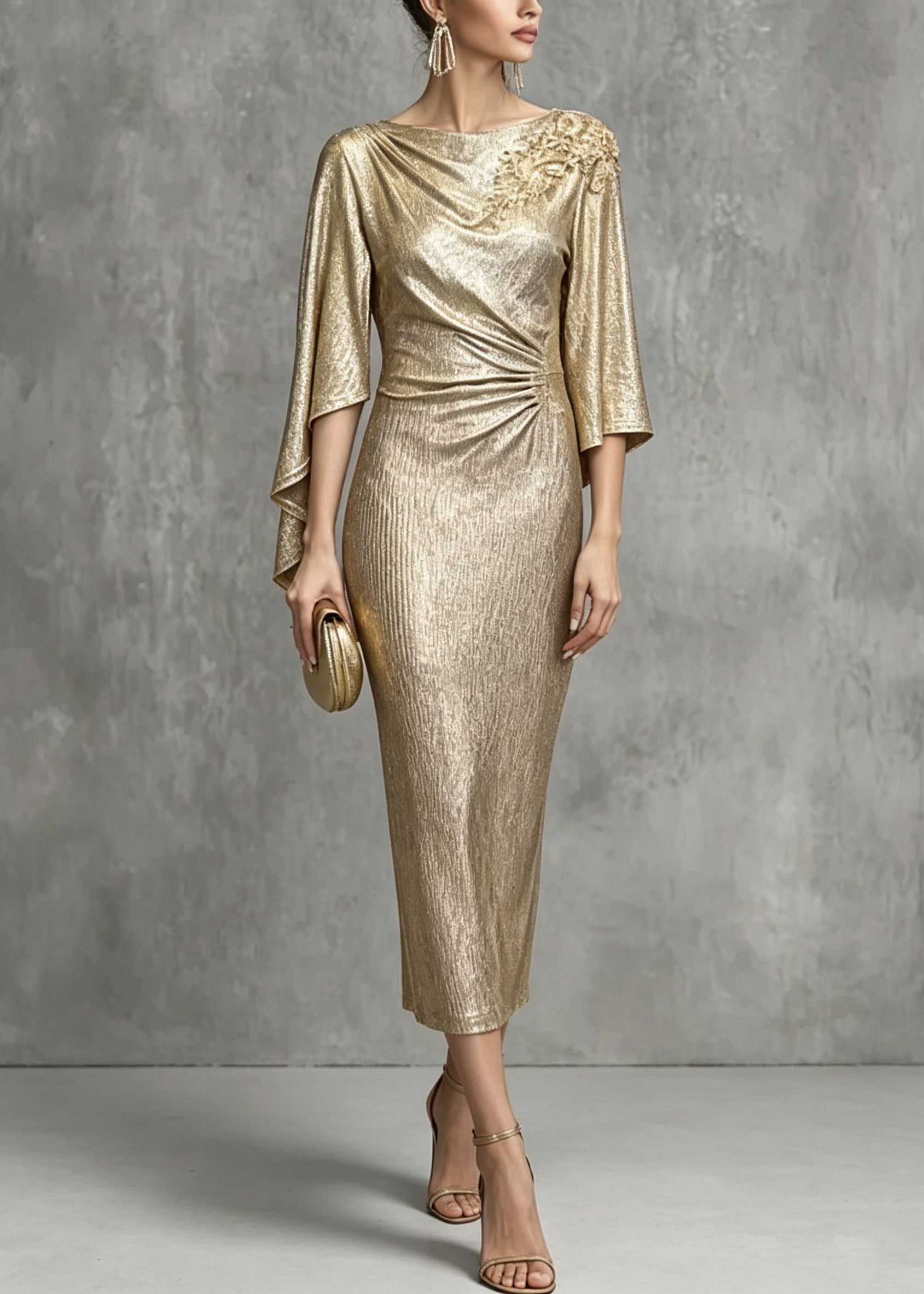 Elegant Champagne Asymmetrical Design Zircon Wrinkled Dress Summer