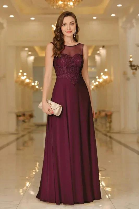 Elegant Chiffon Sleevless Evening Dress Scoop Neck Lace Apliques Bridesmaid Dress (ZD12867)