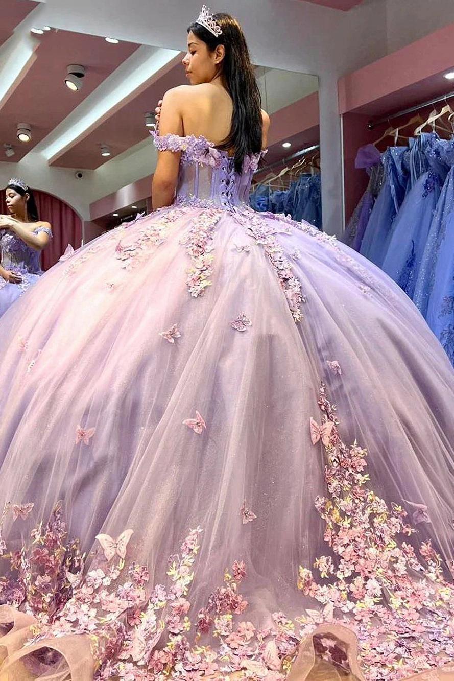 Elegant & Classic Ball Gown Off Shoulder Beaded Lace Butterfly Appliques Lavender Tulle Quinceanera Dress Princess Evening Party Gown For Sweet 16