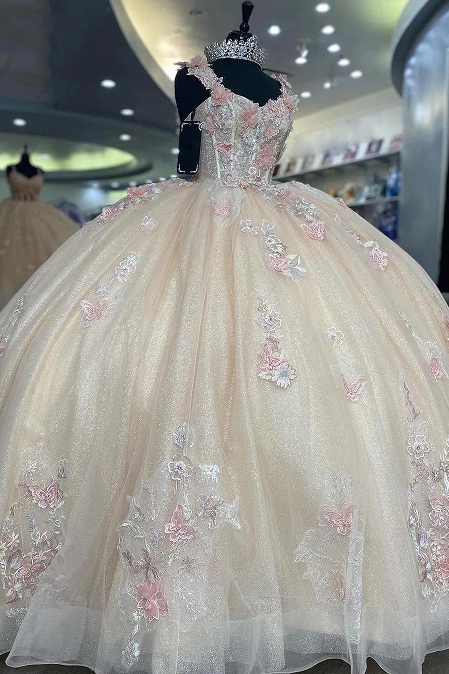 Elegant & Classic Ball Gown Strapless Straps Sleeveless 3D Flower Lace Appliques Sweep Train Champagne Tulle Quinceanera Dresses Princess Gown For Sweet 16