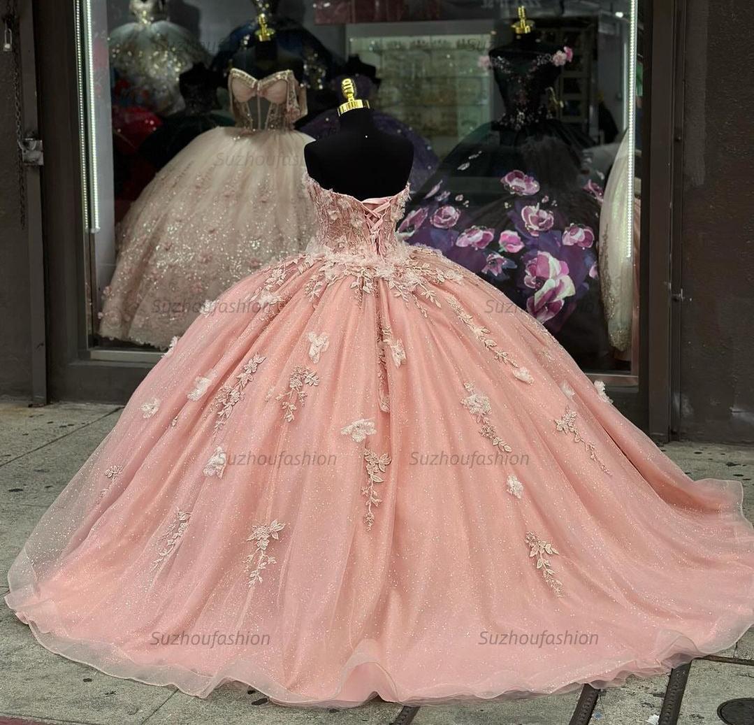 Elegant & Cute Ball Gown Off Shoulder Long Sleeves Lace Appliques Beaded Sweetheart Neck Pink Tulle Quinceanera Dress Evening Party For Sweet 16