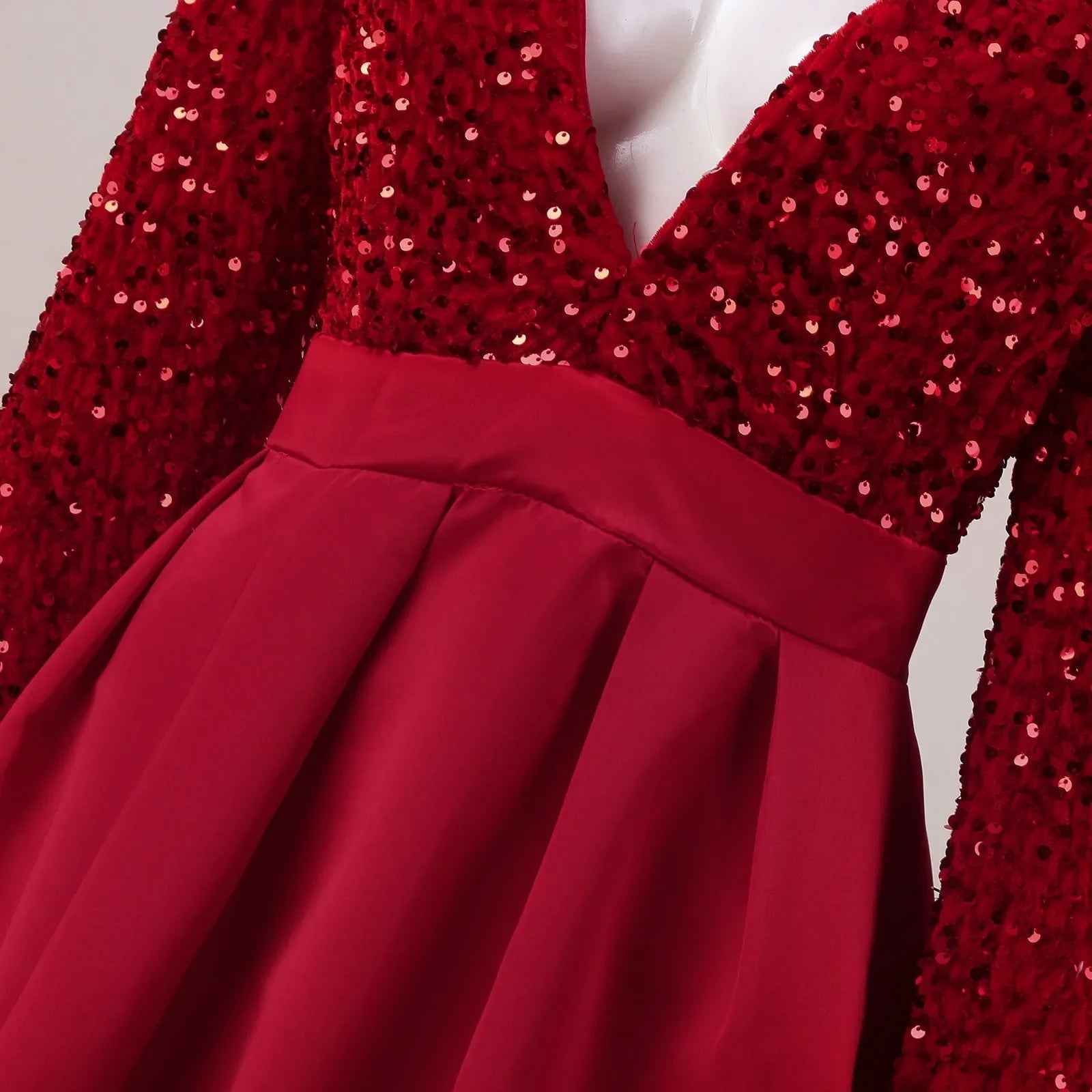 Elegant Deep V Sequins Wedding Dress with Long Sleeves and Beaded Detail for Christmas Party - Fashionpara