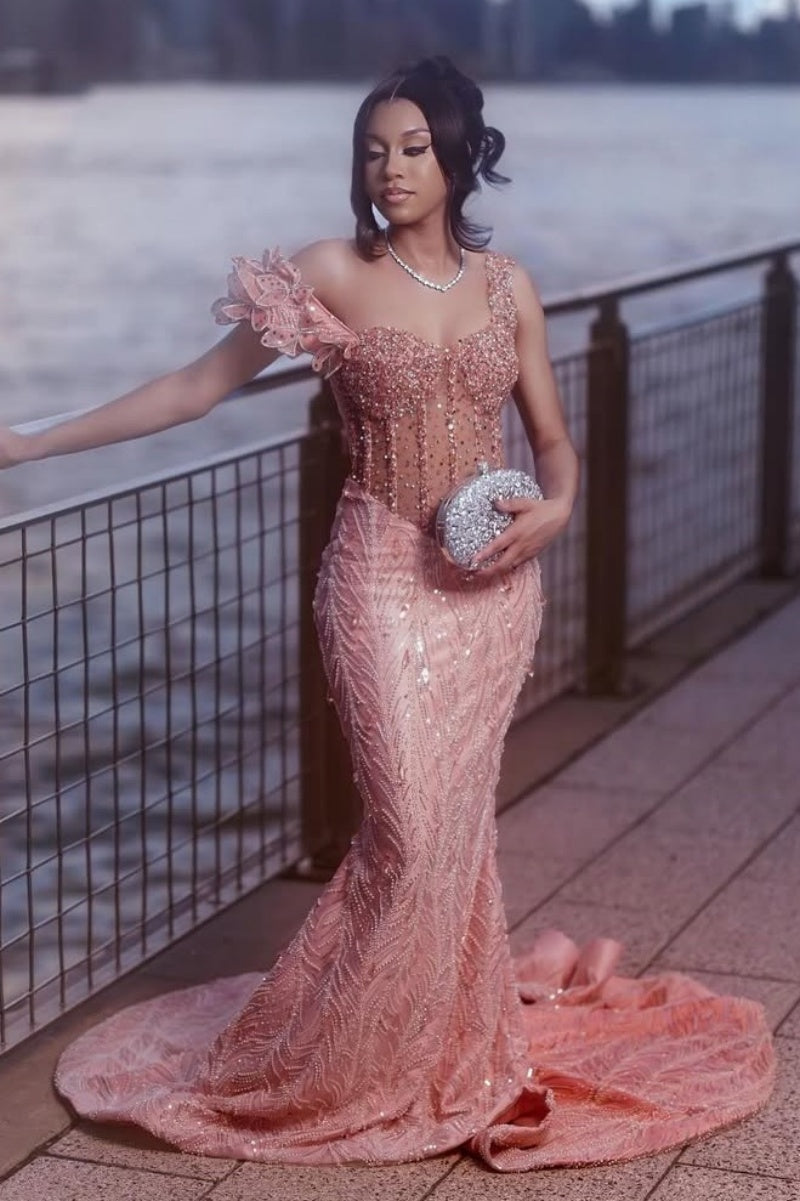 Elegant Dusty Rose Off-The-Shoulder Sweetheart Prom Dresses Mermaid Column Floor-Length With Beads