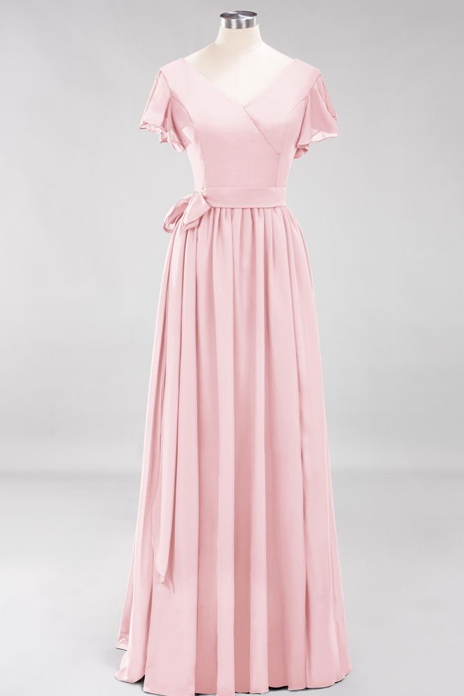 Elegant Elegant V-Neck Short Sleeve Bridesmaid Dresses with Bow Sash Long Chiffon