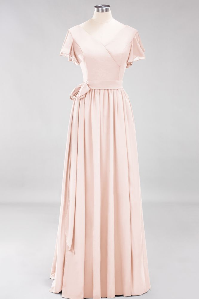 Elegant Elegant V-Neck Short Sleeve Bridesmaid Dresses with Bow Sash Long Chiffon