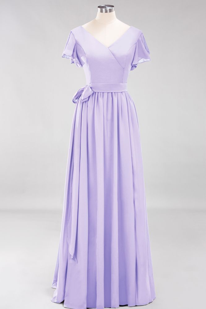 Elegant Elegant V-Neck Short Sleeve Bridesmaid Dresses with Bow Sash Long Chiffon