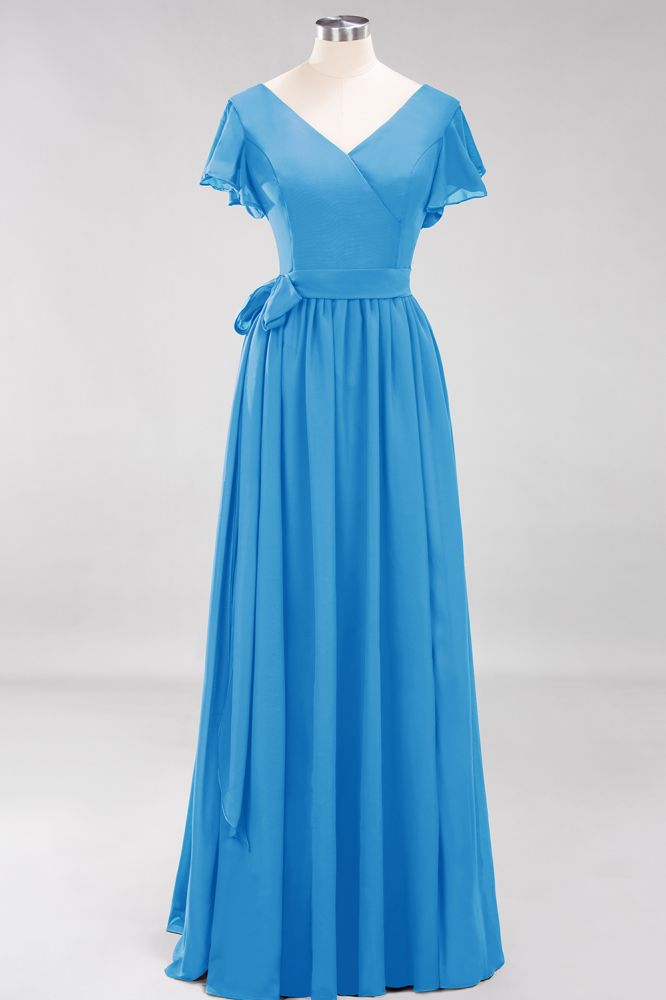 Elegant Elegant V-Neck Short Sleeve Bridesmaid Dresses with Bow Sash Long Chiffon