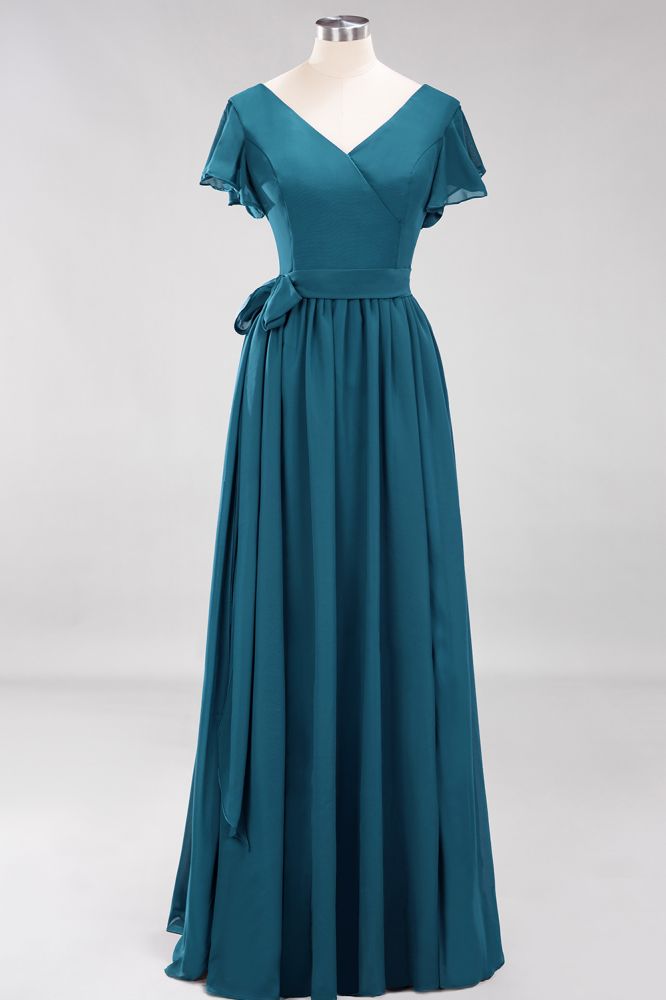 Elegant Elegant V-Neck Short Sleeve Bridesmaid Dresses with Bow Sash Long Chiffon