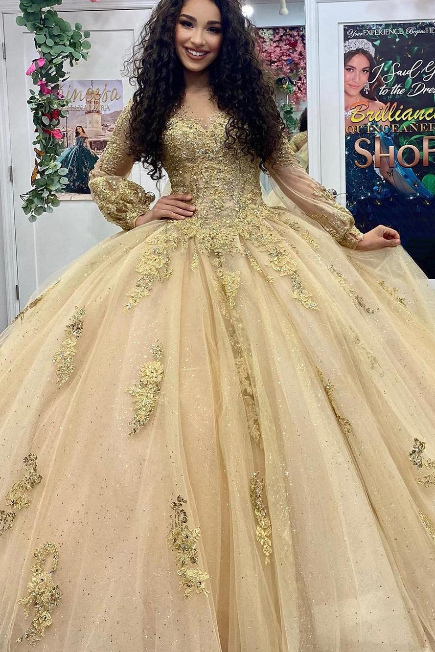 Elegant & Glamorous Ball Gown Off Shoulder Long Sleeves Lace Appliques Beaded Tulle Quinceanera Dress Formal Evening Party Princess Gown For Sweet 16
