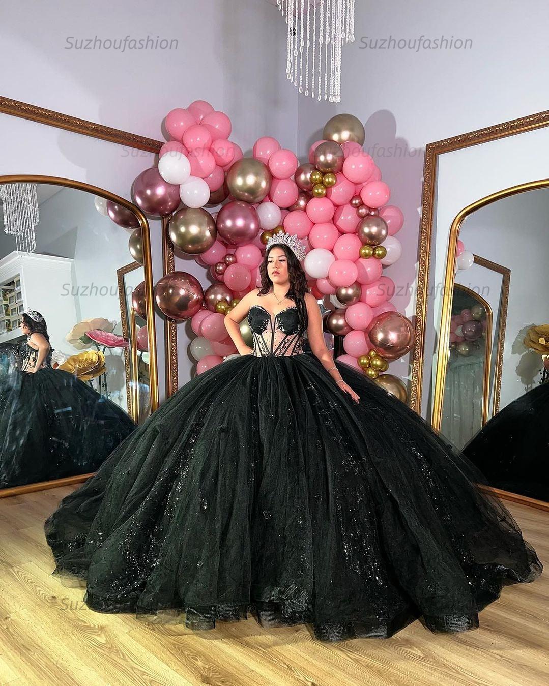 Elegant & Glitter Ball Gown Sweetheart Neck Lace Appliques Black Tulle Quinceanera Dress Evening Party Princess Gown For Sweet 16