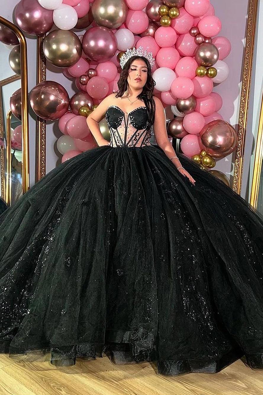 Elegant & Glitter Ball Gown Sweetheart Neck Lace Appliques Black Tulle Quinceanera Dress Evening Party Princess Gown For Sweet 16