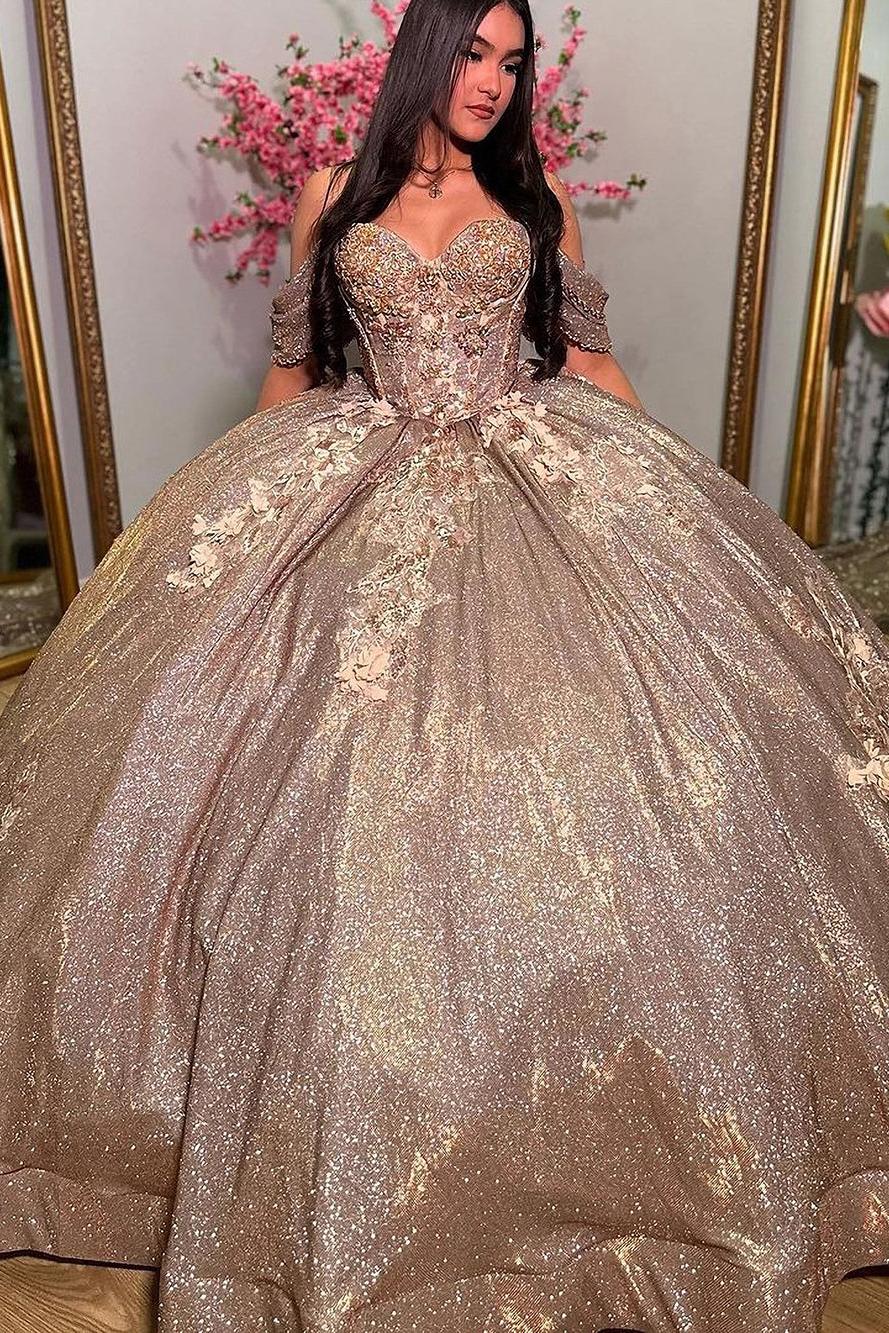 Elegant & Glitter Ball Gown Sweetheart Neck Off Shoulder Sweep Train Tulle Cocktail Party Gown Quinceanera Dress Princess For Sweet 16