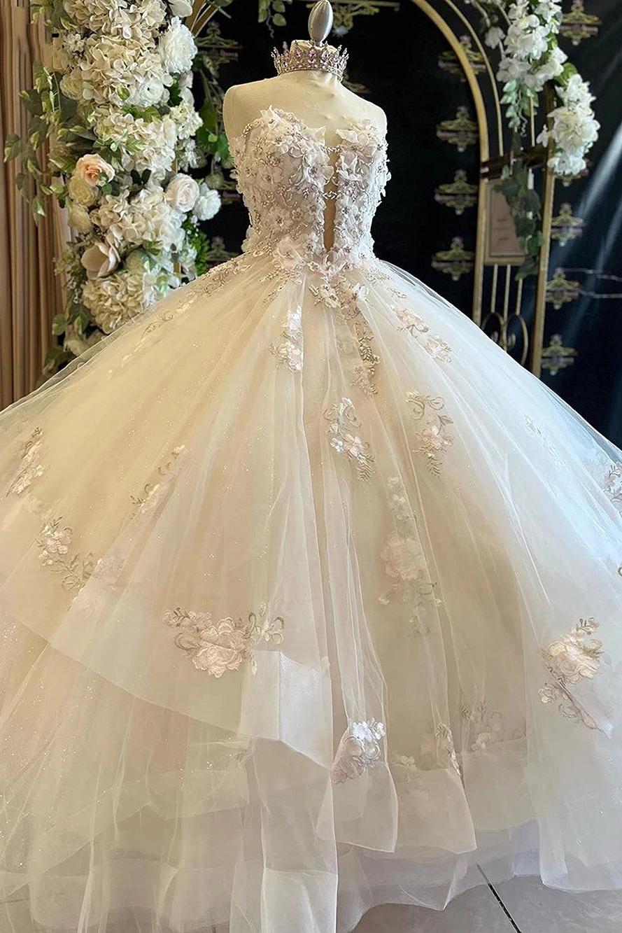Elegant & Gorgeous Ball Gown Strapless Flowers Lace Appliques Tulle Birthday Prom Party Gown Princess Gown Quinceanera Dress For Sweet 16