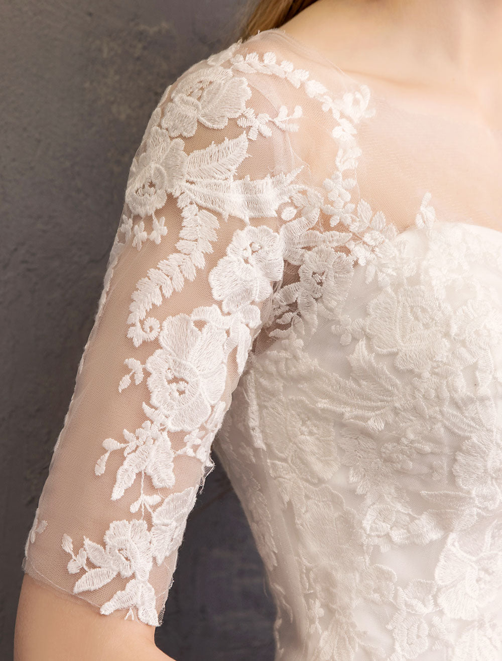 Elegant Half Sleeves Lace Tulle White Ball Gown Wedding Dresses