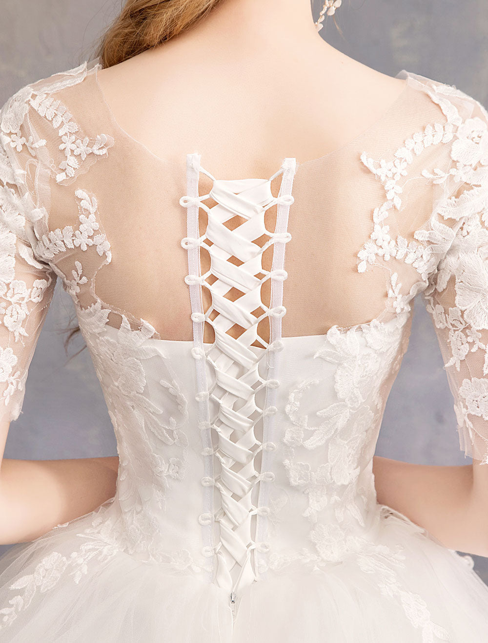 Elegant Half Sleeves Lace Tulle White Ball Gown Wedding Dresses