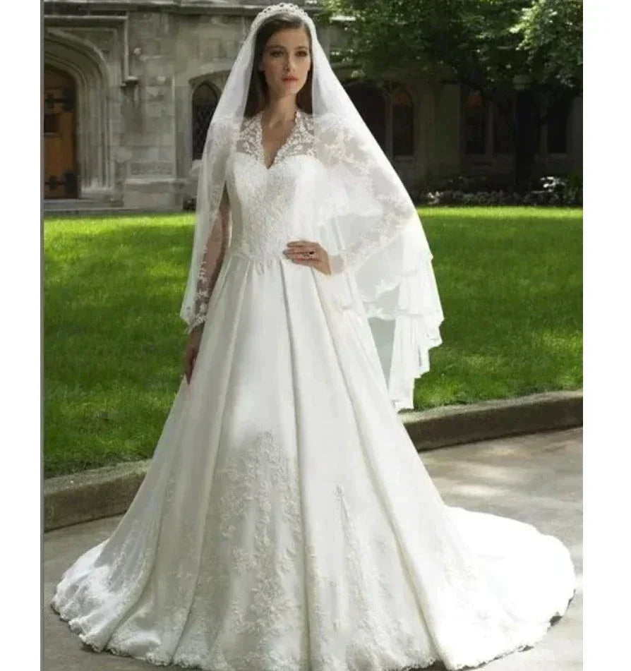 Elegant Italian white bridal dress V-neck stand-up collar lace applique long sleeve satin button Saudi Arabian trouw jurken dame by payinti