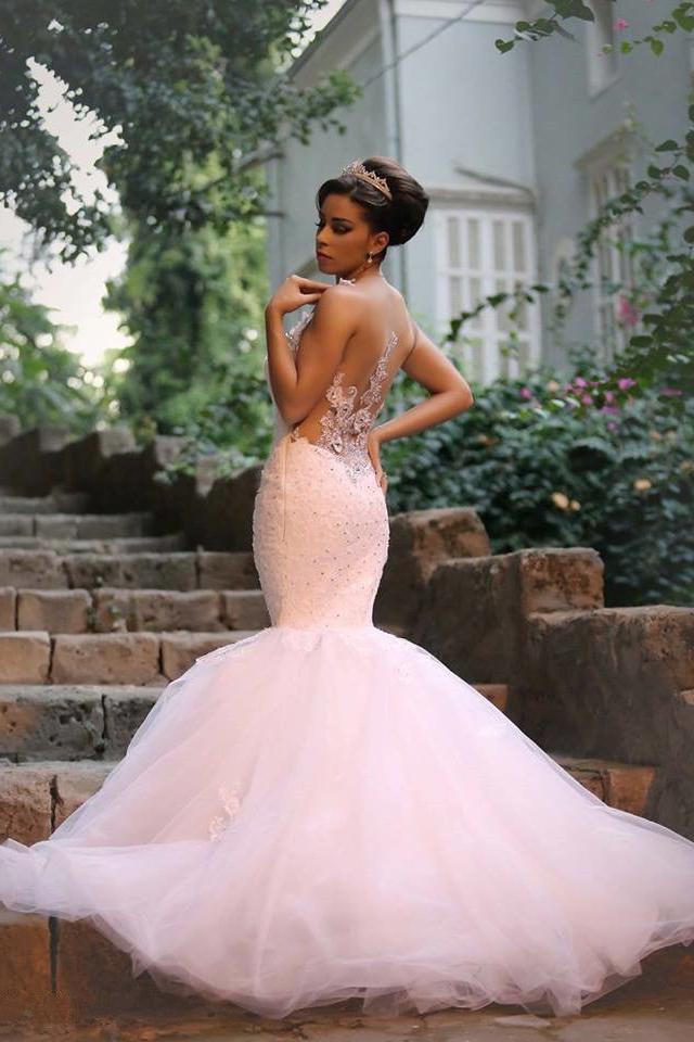 Elegant Lace Beaded Wedding Dresses Mermaid Sheer Tulle Bride Dress WE0010