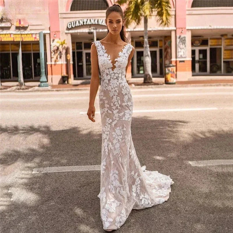Elegant Lace Mermaid Vestidos De Novia Beach Open Back Sleeveless Wedding Dresses Appliques Vestido De Noiva by payinti
